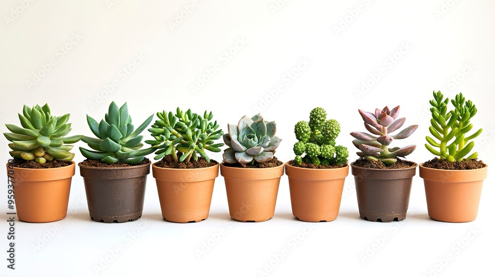 Array of succulent plants in pots isolated on white background Array of succulent plants in pots isolated on white background