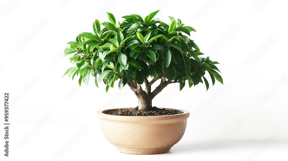 Dwarf umbrella tree in a pot on a white background Dwarf umbrella tree in a pot on a white background