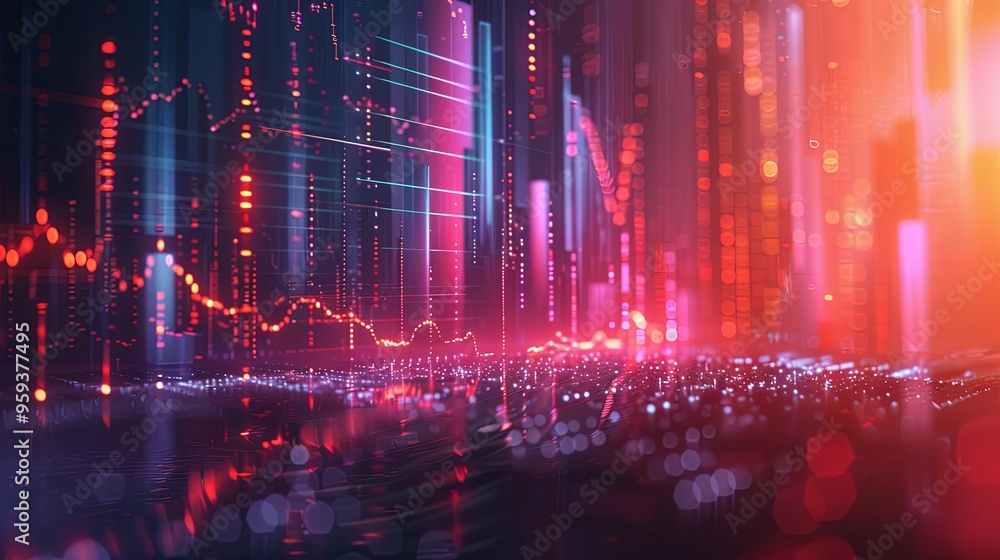 Abstract Digital Cityscape with Red and Blue Neon Lights Abstract Digital Cityscape with Red and Blue Neon Lights