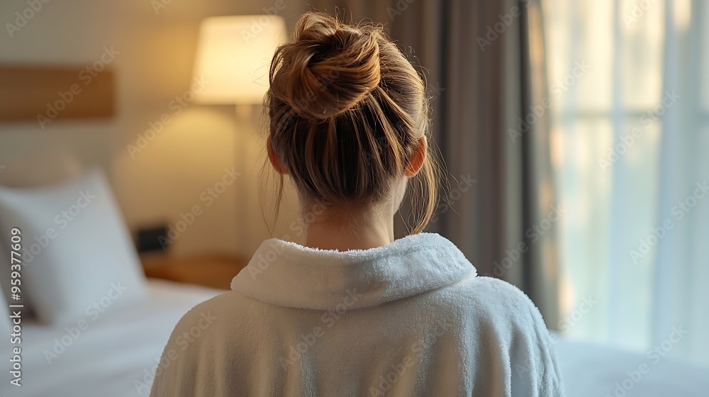 Young woman wearing bathrobe waking up in hotel room back view : Generative AI Young woman wearing bathrobe waking up in hotel room back view : Generative AI