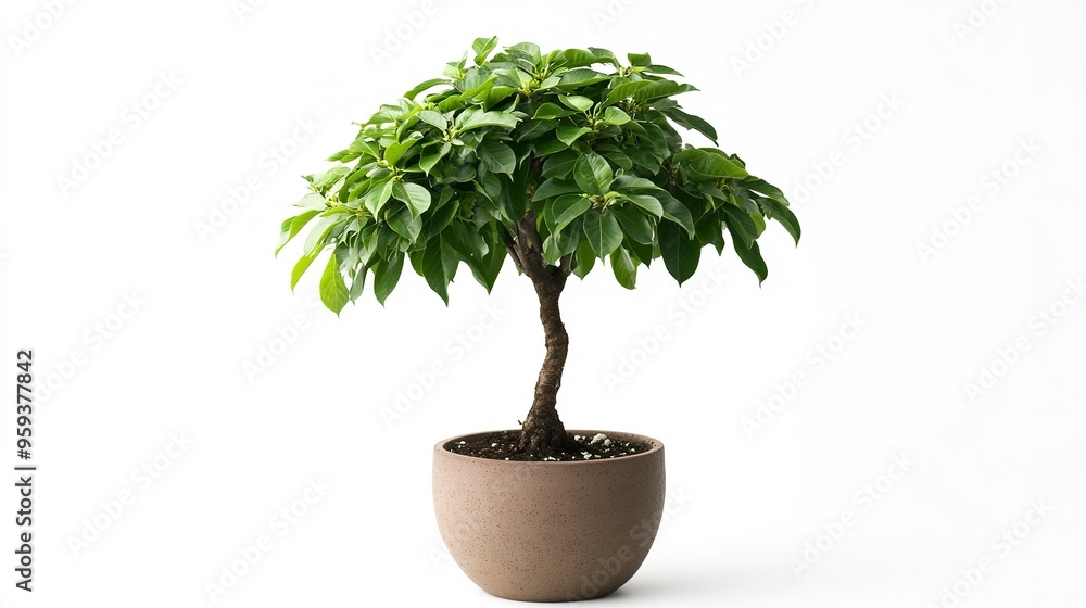 Dwarf umbrella tree in a pot on a white background Dwarf umbrella tree in a pot on a white background