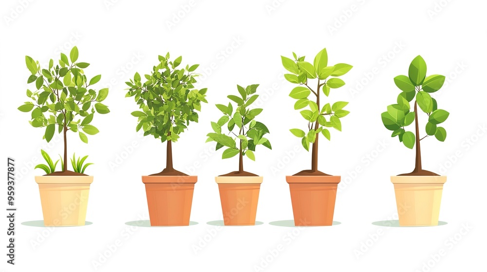 Obraz premium reforestation set of young trees trunks in pots, afforestation set of green plants in flowerpots, gardening and botany concept
