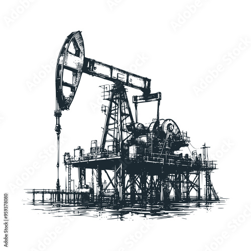 The offshore oil drilling. Black white vector logo and icon illustration.