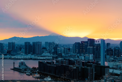 View of Mount Fuji from Tokyo, Japan at sunset with rare Mountain Shadow photo