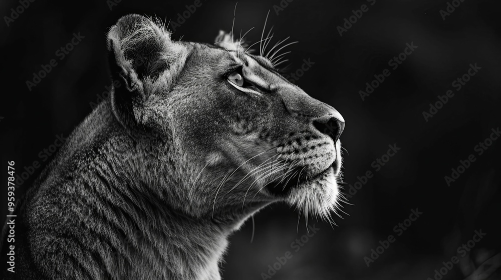 Naklejka premium A Close-up Black and White Portrait of a Lioness