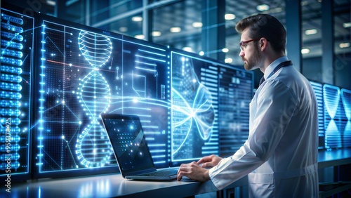 Scientist in a high-tech biotech lab analyzing DNA sequences on a holographic display, futuristic setup photo