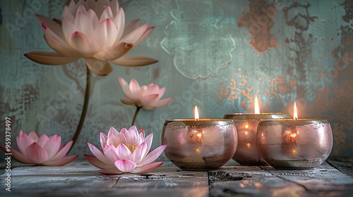 Burning candles with pink magnolia flowers on a gray background. Lifestyle photo