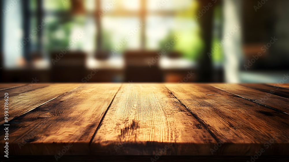 Wooden table top with blurred background of a window and greenery. Wooden table top with blurred background of a window and greenery.