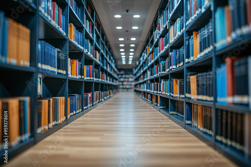 Abstract blurred college library interior with bookshelves, suitable for background in book shop business or education.