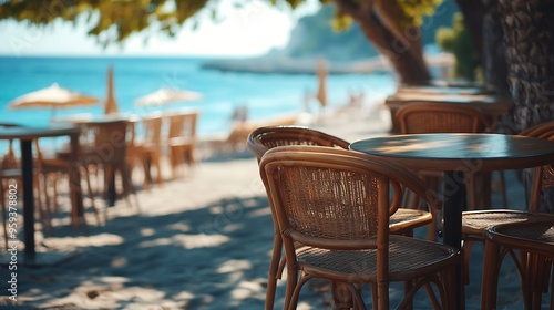 empty chairs in the restourant by the beach : Generative AI photo