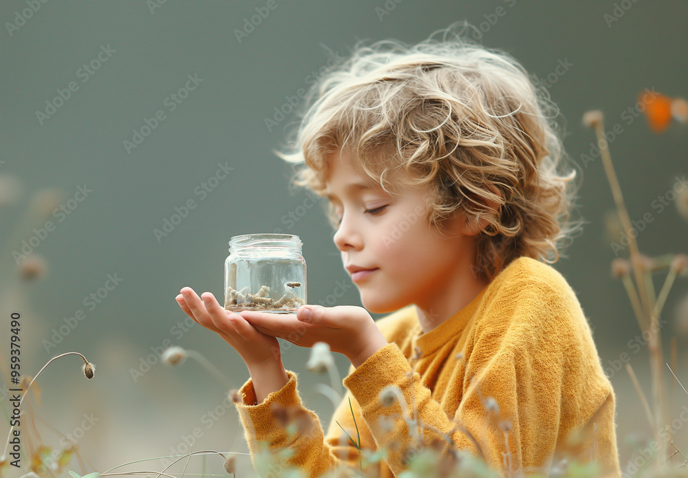 A child holds a glass bottle containing a butterfly caterpillar A child holds a glass bottle containing a butterfly caterpillar