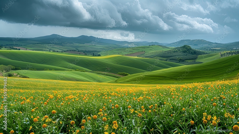 Rolling Hills and Yellow Flowers Under a Cloudy Sky Rolling Hills and Yellow Flowers Under a Cloudy Sky