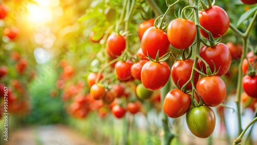 Ripe red tomatoes hanging on the vine in a garden , produce, harvest, agriculture, ripe, organic, gardening, farm, fresh, healthy