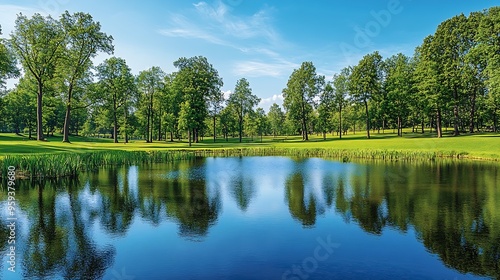 Very beautiful idyllic natural panorama of city spring summer park with pond that reflects surrounding trees and blue sky on bright sunny day : Generative AI