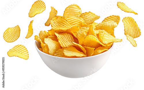 Ridged potato chips in bowl isolated on white background photo