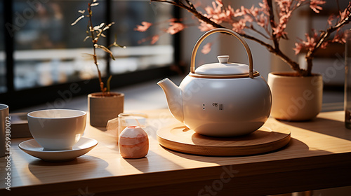 Ceramic teapot on the table in the store generative ai