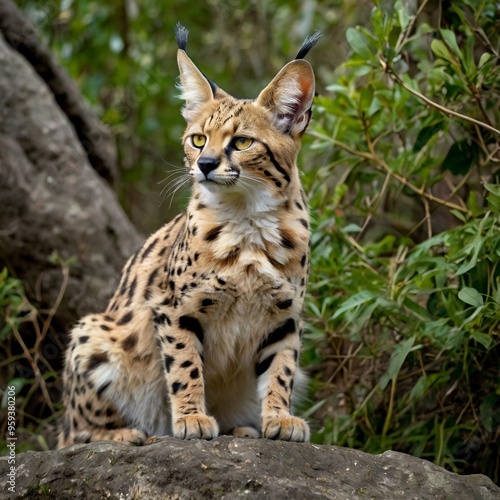 Closeup wild Serval standing on the rock in the jungle South America animals royalty free stock photos images generated Ai