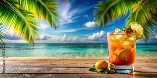 Fototapeta Naklejka Na Ścianę i Meble -  Refreshing Caribbean rum punch served in a tropical setting, rum, punch, cocktail, drink, tropical, Caribbean, beach
