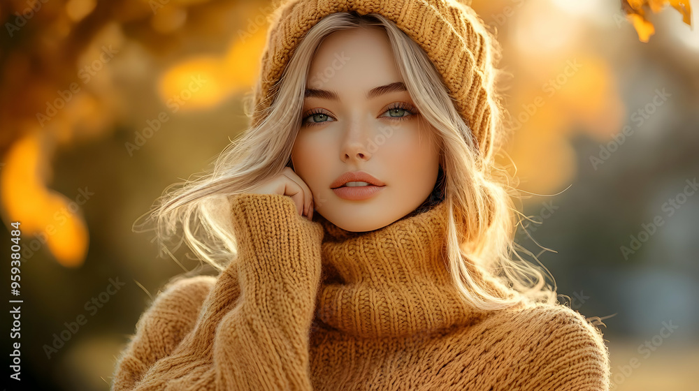 Young woman with blonde hair wearing a yellow knitted sweater and hat. Young woman with blonde hair wearing a yellow knitted sweater and hat.
