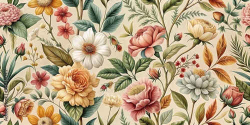 Vintage botanical pattern with muted colors depicting various flowers and leaves , seamless, background, floral