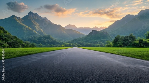 Asphalt road square and green mountain with sky clouds natural landscape at sunrise : Generative AI