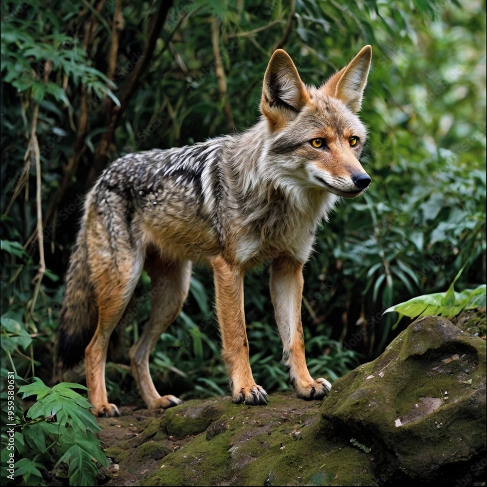 Closeup wild Gray Pack wolf standing on a rock in the forest royalty free stock photos images generated Ai Closeup wild Gray Pack wolf standing on a rock in the forest royalty free stock photos images generated Ai