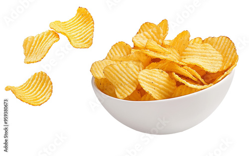 Ridged potato chips in bowl isolated on white background