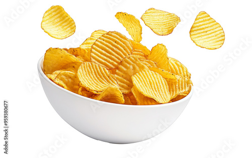 Ridged potato chips in bowl isolated on white background