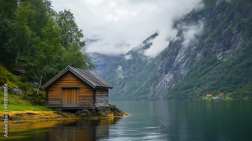 Wood hut along the fjord More og Romsdal county Norway : Generative AI