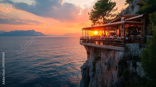 the restaurant at the cliffs looking out over the ocean of Fethiye Faralya coast Fethiye Turkey during sunset : Generative AI photo