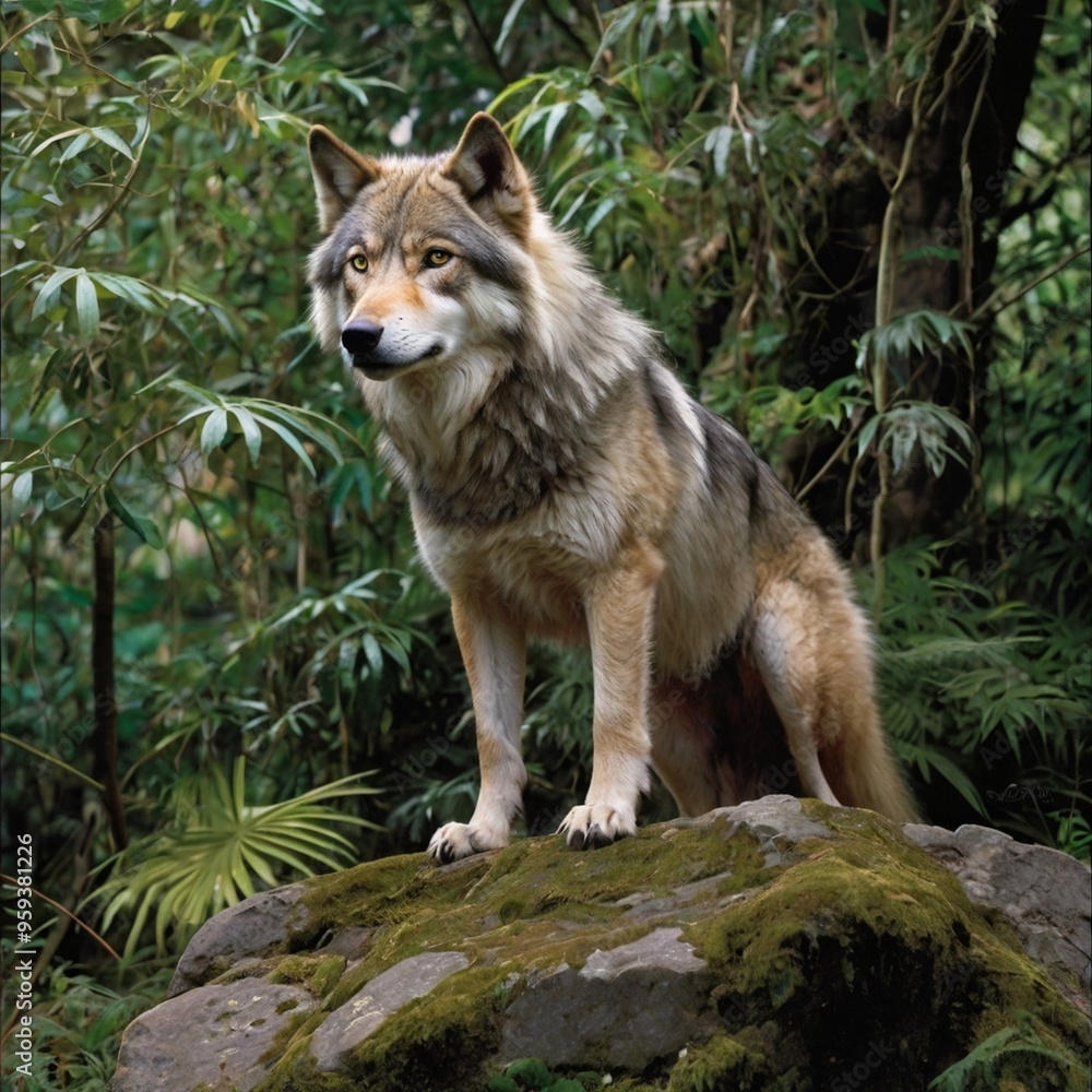 Closeup wild Gray Pack wolf standing on a rock in the forest royalty free stock photos images generated Ai Closeup wild Gray Pack wolf standing on a rock in the forest royalty free stock photos images generated Ai