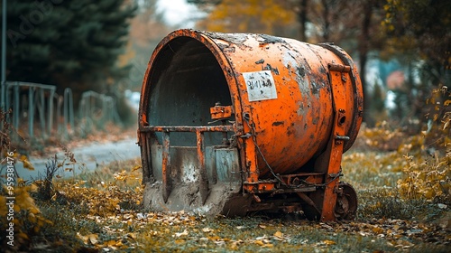 building construction equipment in the form of an old broken concrete mixer on grassy ground : Generative AI photo