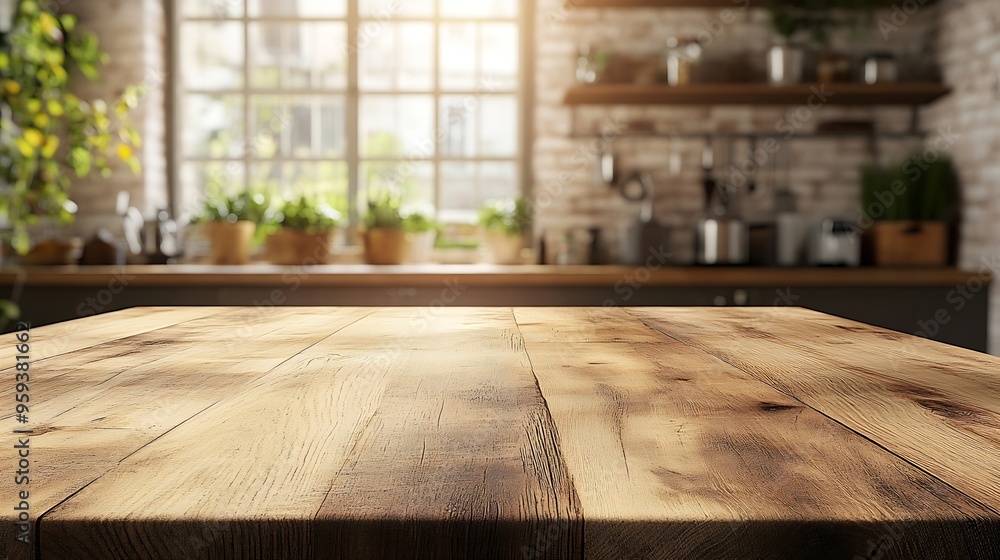 beautiful brown wood table top kitchen interior background and blurred defocused with daylight flare bokeh product montage display : Generative AI beautiful brown wood table top kitchen interior background and blurred defocused with daylight flare bokeh product montage display : Generative AI