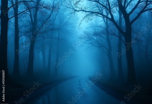 Halloween Spooky Foggy Forest Road Under Moonlight with Eerie Mist and Trees