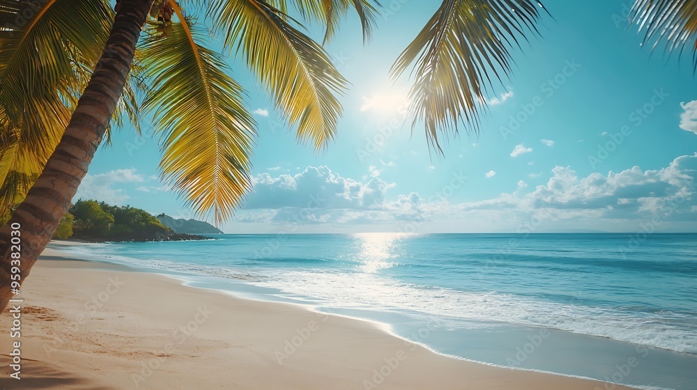 Palm trees in tropical sunny beach and tropical sea in Paradise island Summer vacation and tropical beach concept : Generative AI Palm trees in tropical sunny beach and tropical sea in Paradise island Summer vacation and tropical beach concept : Generative AI