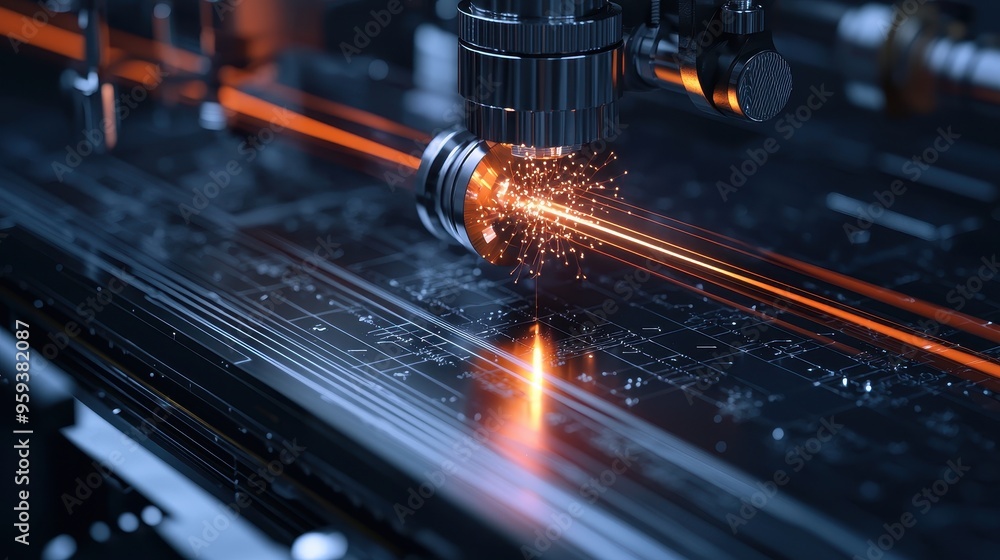 Fototapeta premium Industrial Robotic Arm with Sparks and Lines