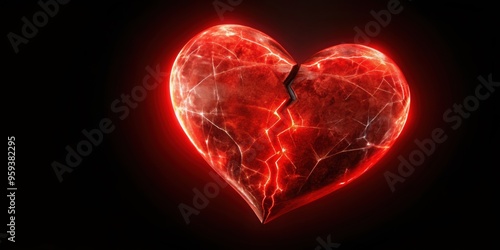 Red glowing broken heart on black background, heart, love, broken, red, glow, black, background, symbol, emotion