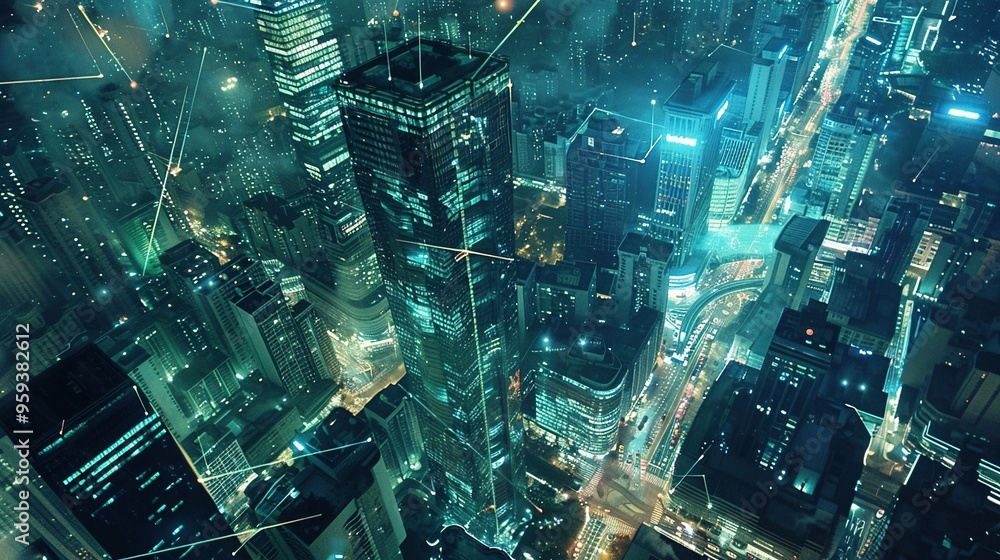 Smart City with Wireless Telecommunication: Modern City Aerial View and Advanced Communication Network Concept Smart City with Wireless Telecommunication: Modern City Aerial View and Advanced Communication Network Concept