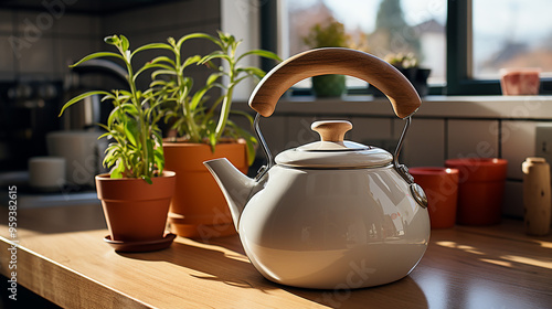 Ceramic teapot on the table in the store generative ai