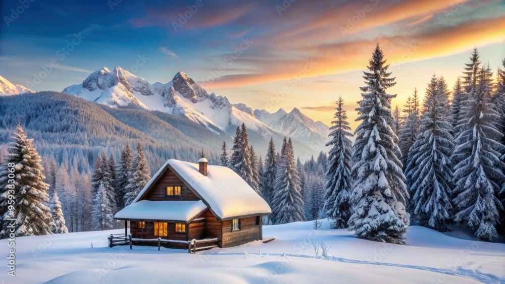 Winter landscape featuring a cozy house surrounded by a forest and mountains in muted neutral colors, winter, aesthetic Winter landscape featuring a cozy house surrounded by a forest and mountains in muted neutral colors, winter, aesthetic