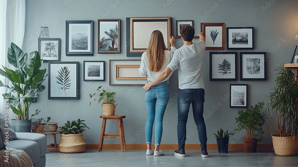 Man and woman hanging picture frames on gray wall at home : Generative AI Man and woman hanging picture frames on gray wall at home : Generative AI
