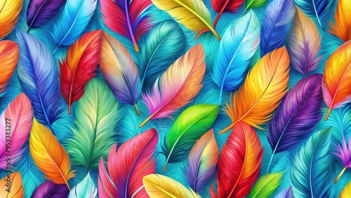 Vibrant seamless pattern featuring realistic colorful feathers, feathers, colorful, seamless, pattern, vibrant, texture