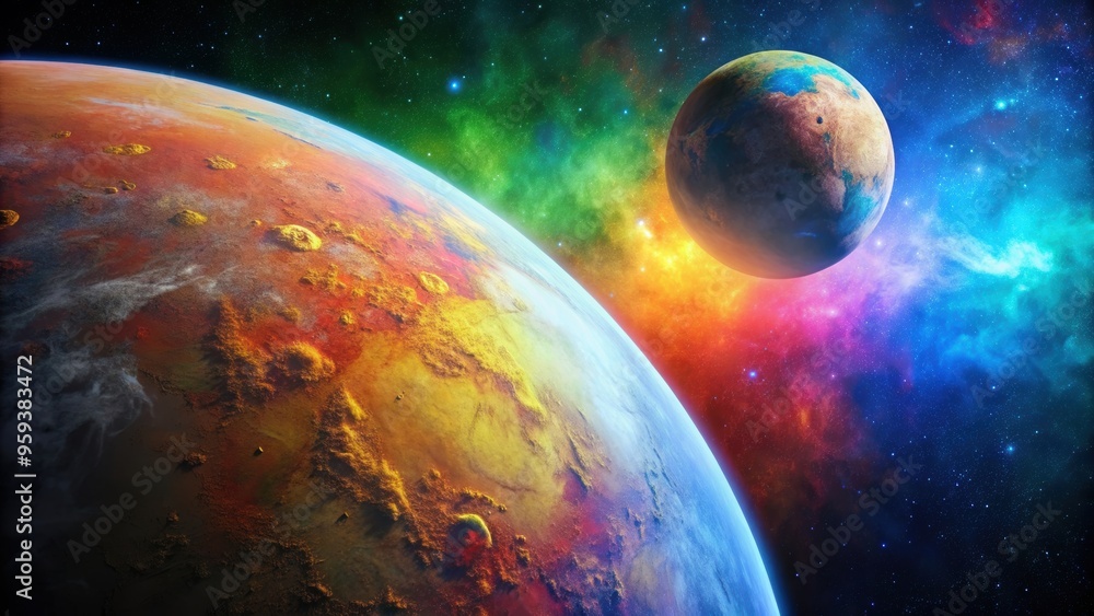 Obraz premium Satellite view of colorful planet's surface with moon in the sky, planet, satellite, space, view, surface, moon, sky