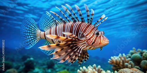 Striped lionfish swimming gracefully in vibrant blue water, striped lionfish, underwater, marine life, ocean, exotic