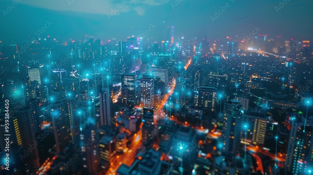 Fototapeta premium Wireless Telecommunication in a Modern City: Aerial View and Communication Network Concept – Smart City