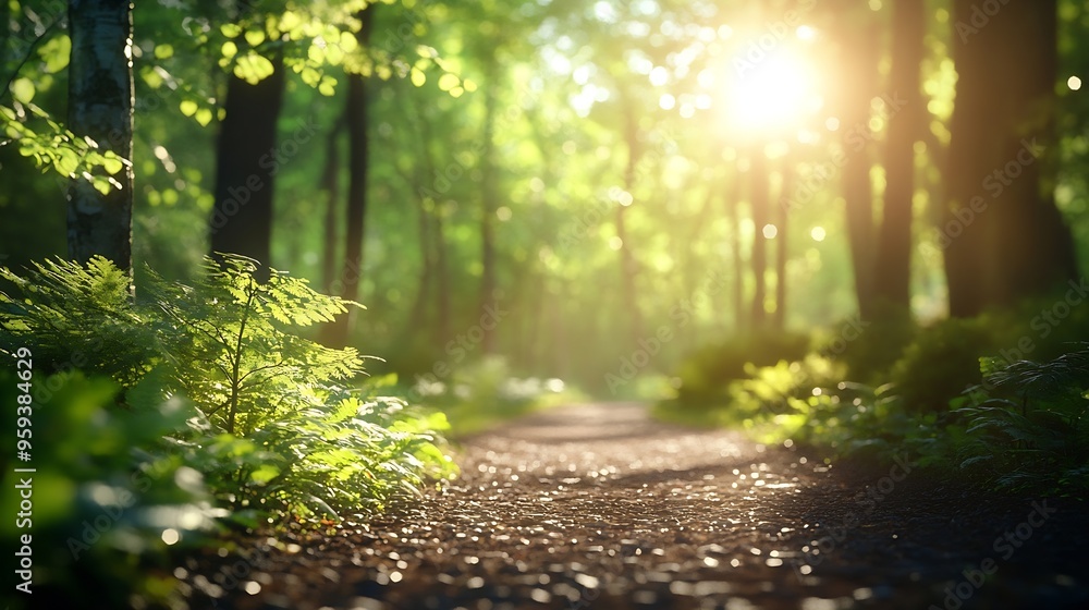 Obraz premium GREEN SPRING NATURE FOREST LANDSCAPE WITH EMPTY PATH WAY IN SUN LIGHT BEAUTY OF NATURE : Generative AI