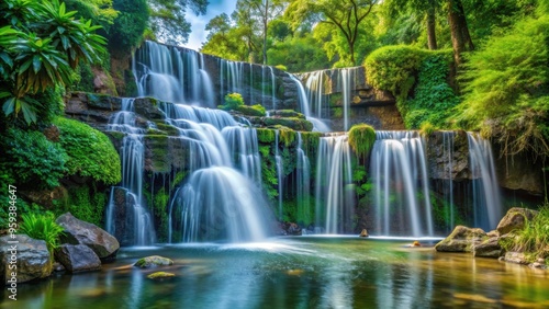 Scenic waterfall cascading in a lush park setting, waterfall, park, nature, outdoor, landscape, flowing, peaceful, beauty