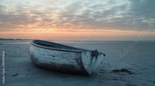 Germany SchleswigHolstein St PeterOrding Bouy lying on empty beach at dusk : Generative AI photo