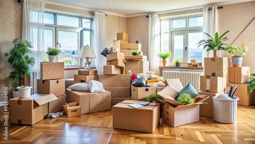 Messy home with unpacked carton boxes from house moving, clutter, chaos, disorganized, relocation, packing