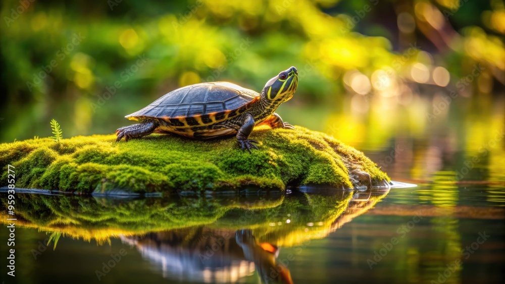 Obraz premium Turtle enjoys the sun on a moss-covered rock in a peaceful pond, turtle, basking, mossy, rock, pond, wildlife, serene